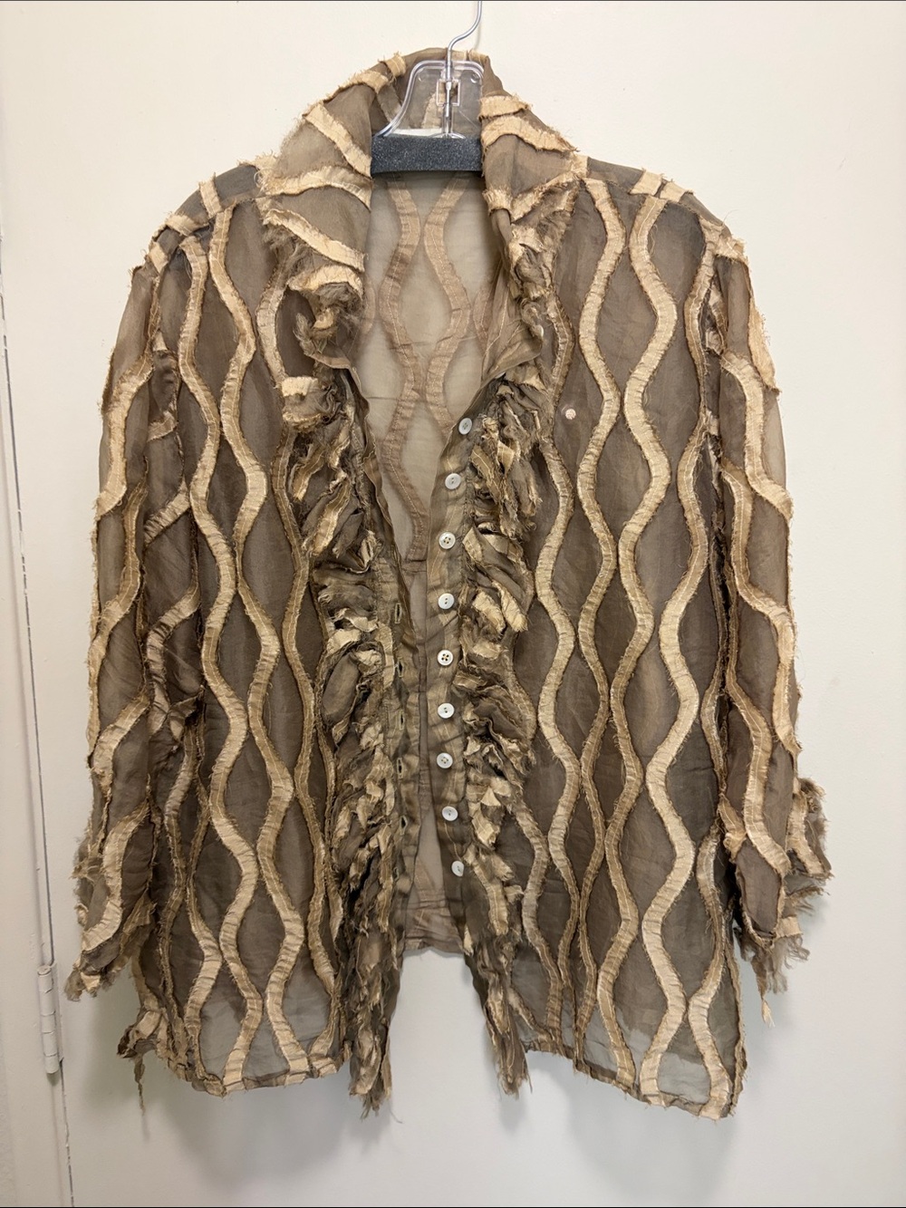 Sheer Ruffle-Front Button Down Blouse in Beige and Tan